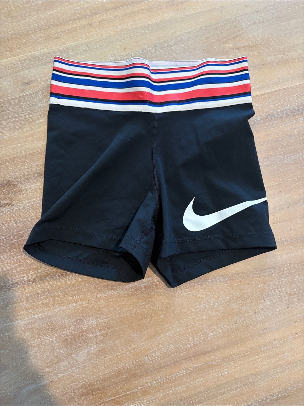 Nike Black Shorts with Red, Blue & White Striped Waistband